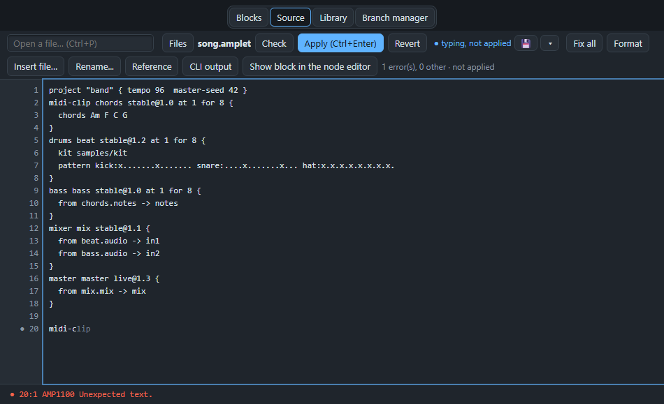 Typing midi-c: the grey rest of the word is the guess. Tab fills in the whole block, with its parameters.