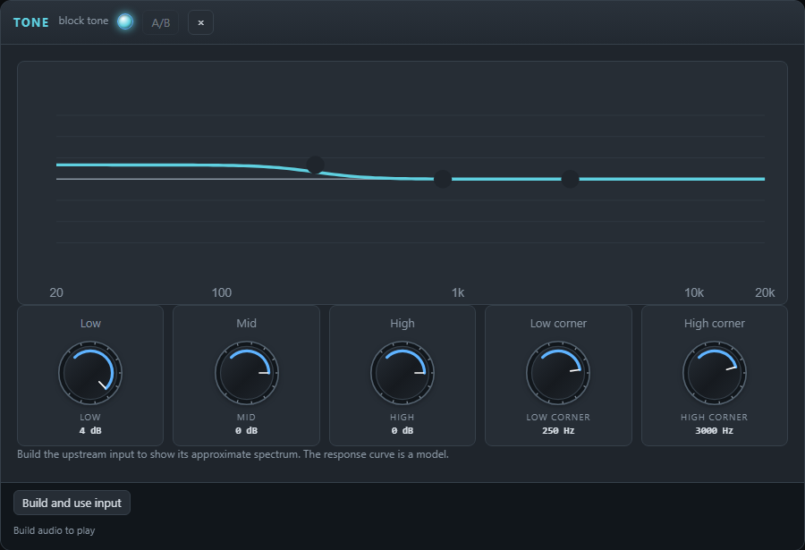 The EQ panel: three bands (low, mid, high) with the corner frequencies, and the approximate response curve.