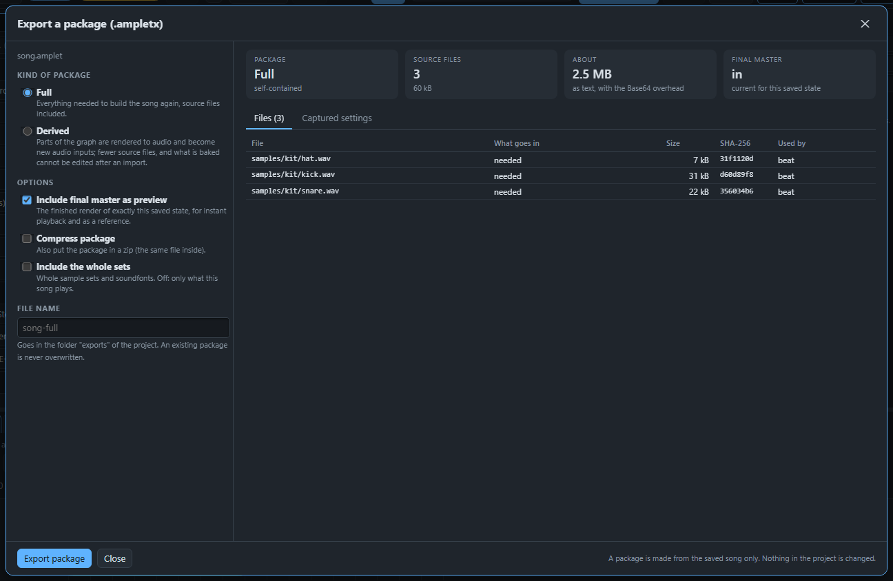 The export window for a Full package.