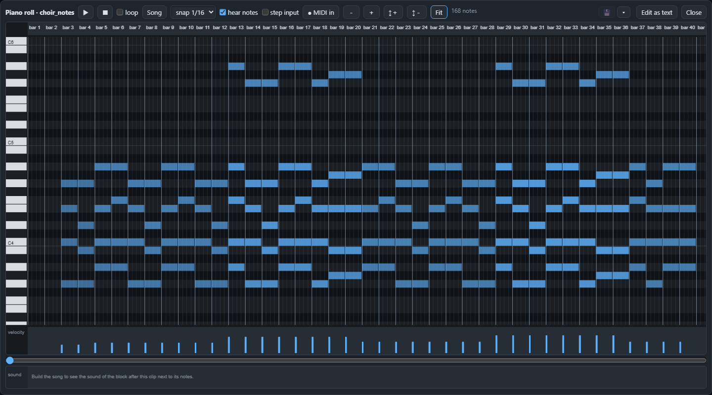 The piano roll of the choir: four voices per bar, 168 notes. The velocity lane below shows the build-up through the song.