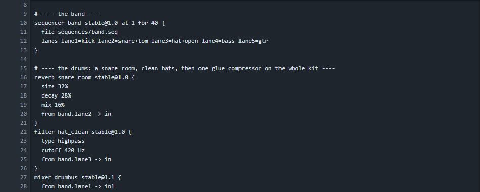 The first part of the song text: the sequencer block with its five lanes, and the start of the drum chain.