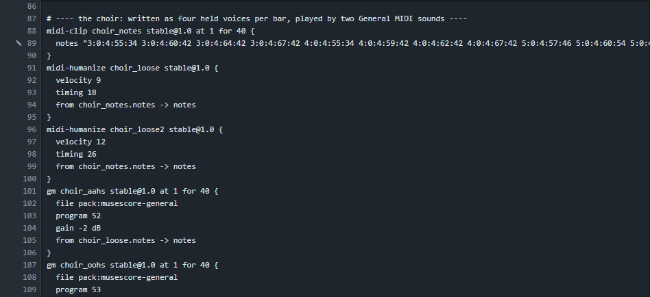 The choir in the text: the notes, the humanize block and the first General MIDI voice.