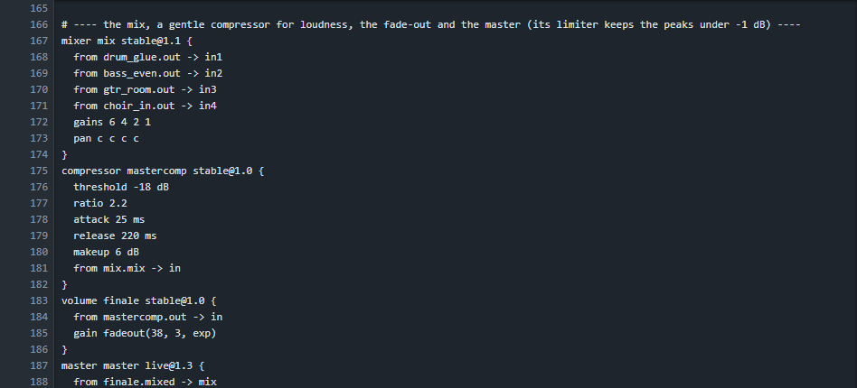 The end of the text: the mixer, the master compressor, the fade-out and the master.