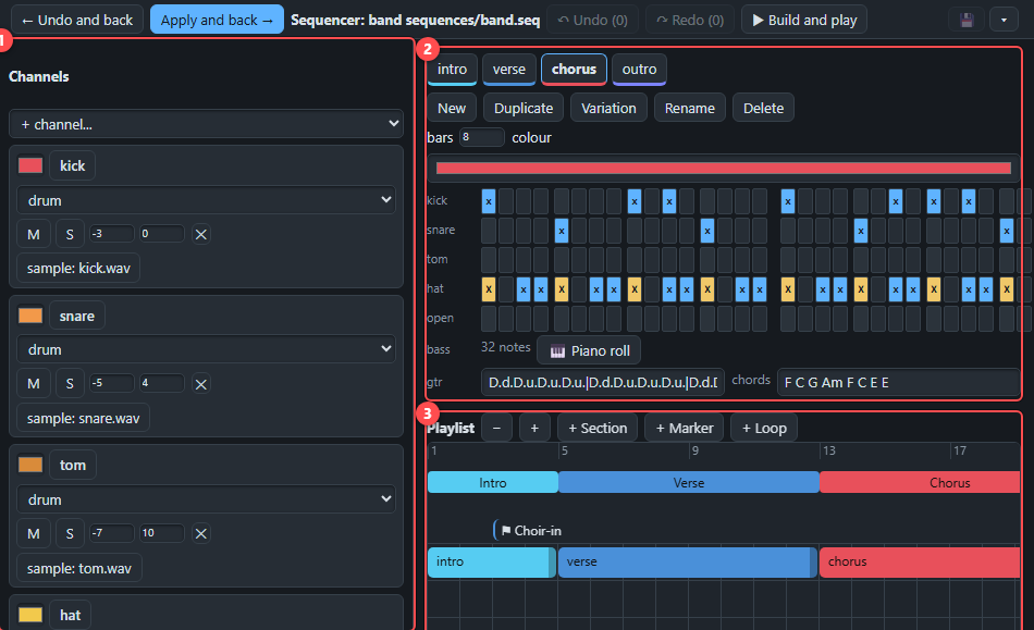 The sequencer with the chorus pattern open: seven channels (1), four patterns (2) and the playlist (3).